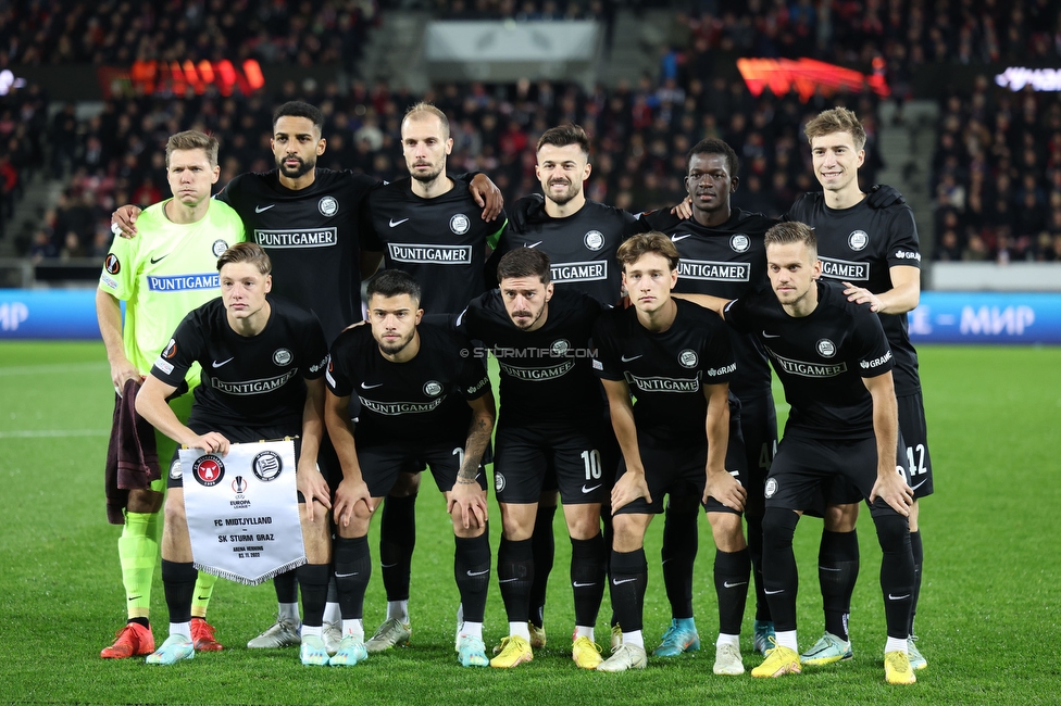 Midtjylland - Sturm Graz
UEFA Europa League Gruppenphase 6. Spieltag, FC Midtjylland - SK Sturm Graz, Arena Herning, 03.11.2022. 

Foto zeigt die Mannschaft von Sturm
