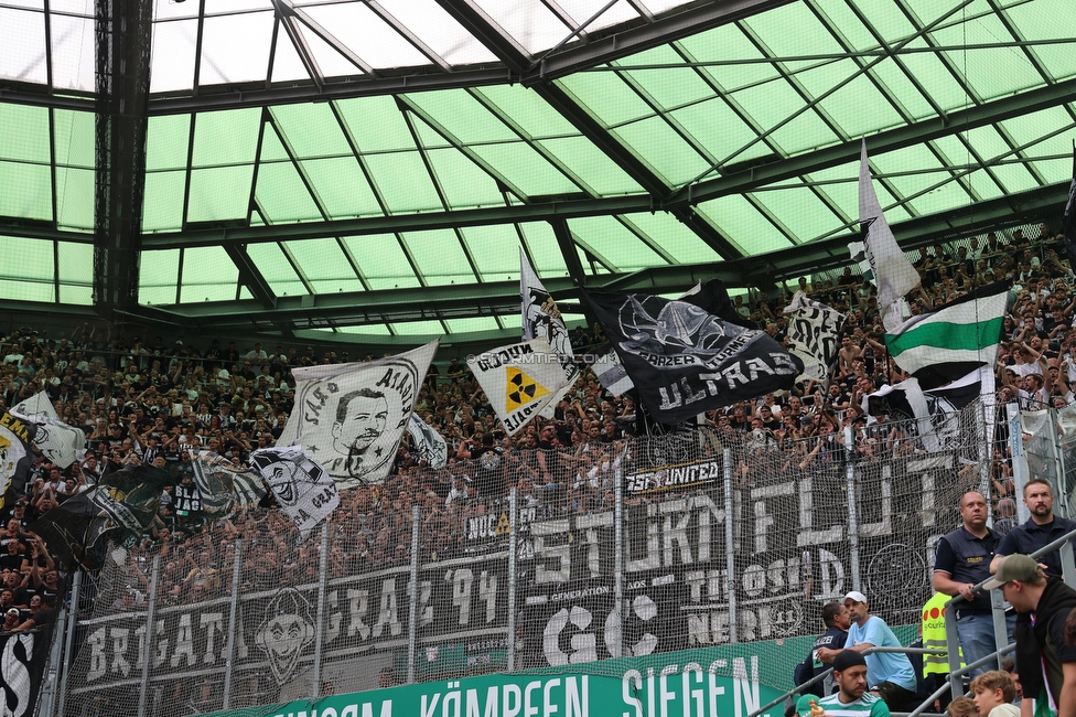 Rapid Wien - Sturm Graz
Oesterreichische Fussball Bundesliga, 1. Runde, SK Rapid Wien - SK Sturm Graz, Weststadion Wien, 04.08.2024. 

Foto zeigt Fans von Sturm
