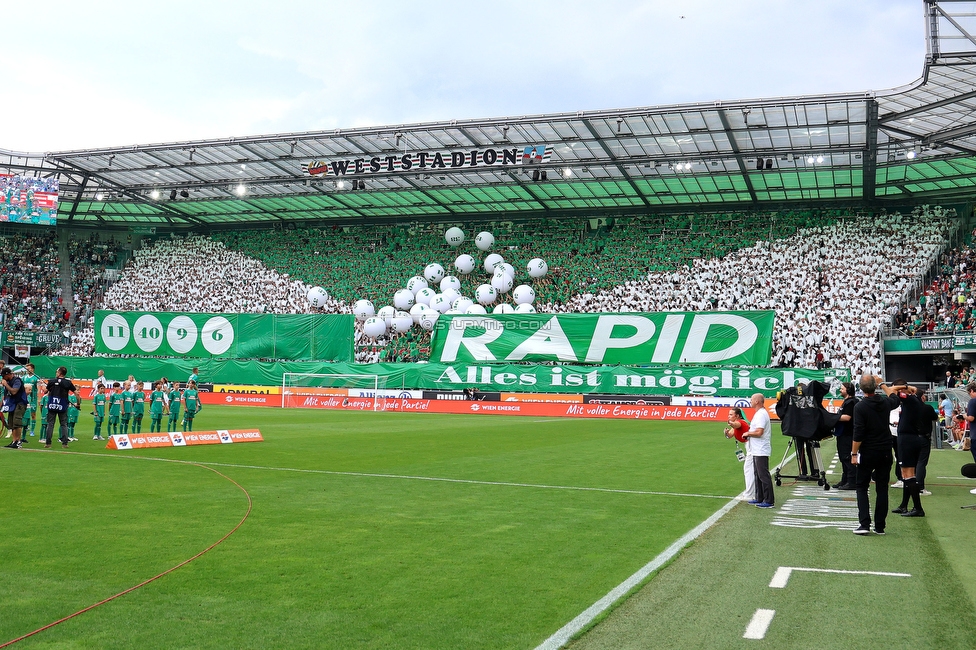 Rapid Wien - Sturm Graz
Oesterreichische Fussball Bundesliga, 1. Runde, SK Rapid Wien - SK Sturm Graz, Weststadion Wien, 04.08.2024. 

Foto zeigt Fans von Rapid mit einer Choreografie
