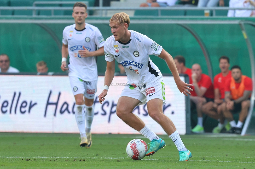 Rapid Wien - Sturm Graz
Oesterreichische Fussball Bundesliga, 1. Runde, SK Rapid Wien - SK Sturm Graz, Weststadion Wien, 04.08.2024. 

Foto zeigt Dimitri Lavalee (Sturm) und Niklas Geyrhofer (Sturm)
