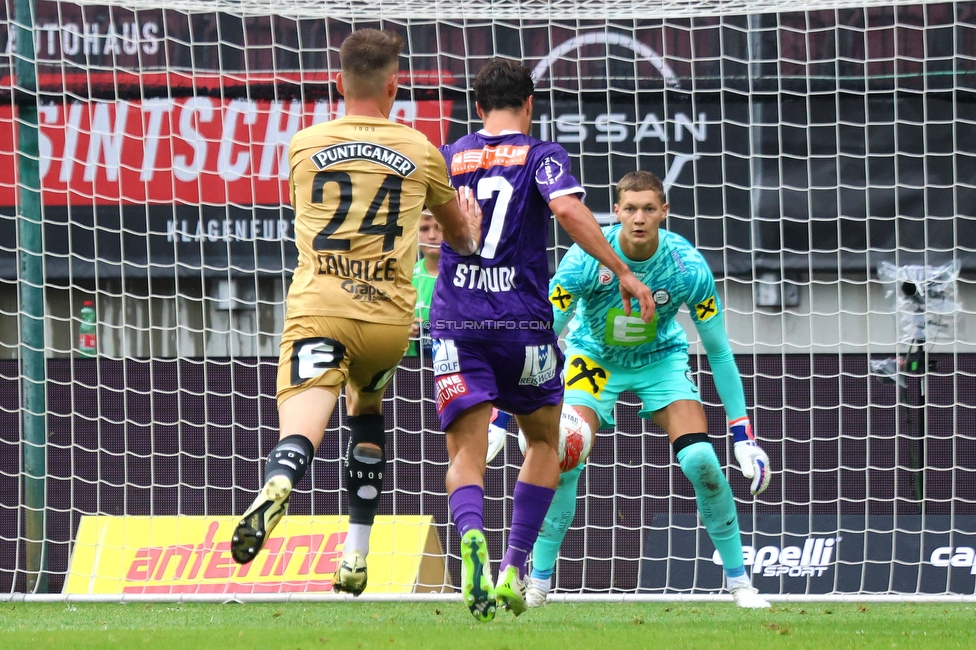 Austria Klagenfurt - Sturm Graz
Oesterreichische Fussball Bundesliga, 3. Runde, SK Austria Klagenfurt - SK Sturm Graz, Woerthersee Stadion Klagenfurt, 17.08.2024. 

Foto zeigt Dimitri Lavalee (Sturm) und Kjell Scherpen (Sturm)
