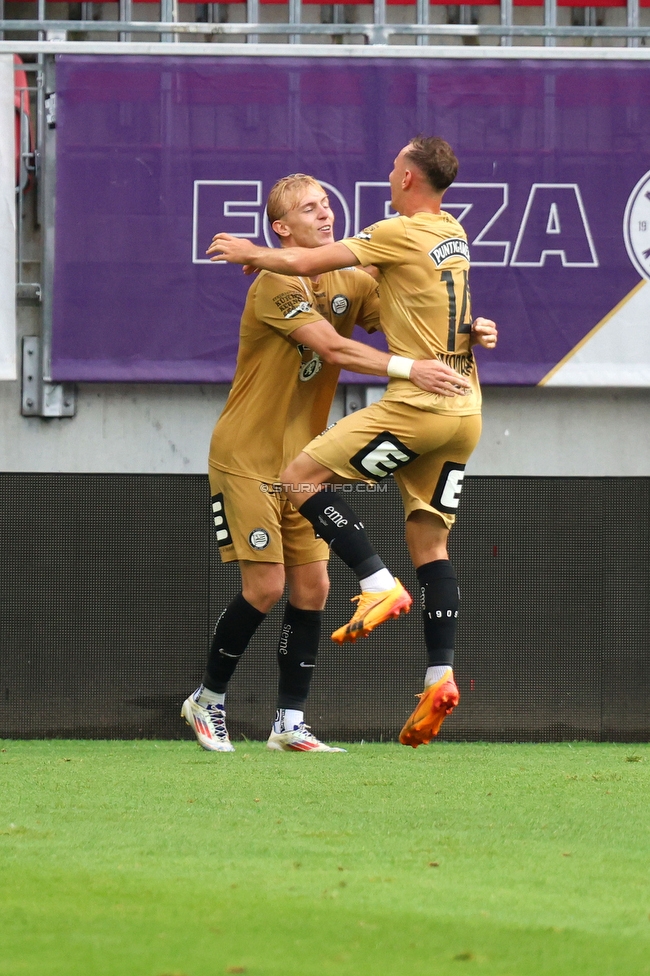 Austria Klagenfurt - Sturm Graz
Oesterreichische Fussball Bundesliga, 3. Runde, SK Austria Klagenfurt - SK Sturm Graz, Woerthersee Stadion Klagenfurt, 17.08.2024. 

Foto zeigt Mika Biereth (Sturm)
Schlüsselwörter: torjubel