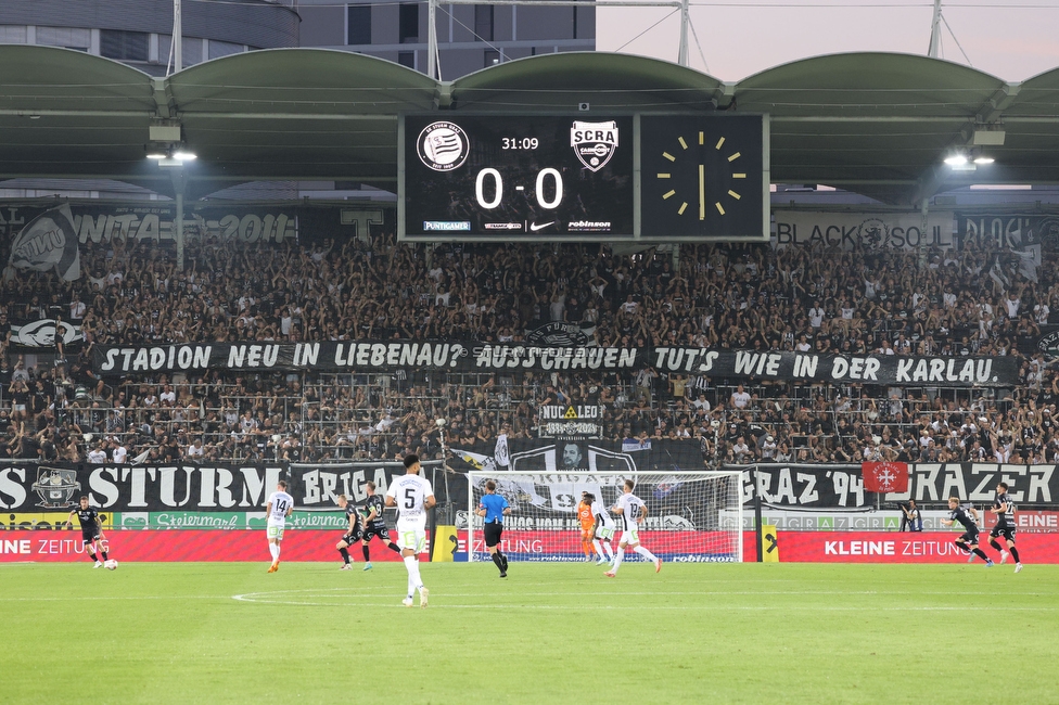 Sturm Graz - Altach
Oesterreichische Fussball Bundesliga, 4 Runde, SK Sturm Graz - SCR Altach, Stadion Liebenau Graz, 24.08.2024. 

Foto zeigt Fans von Sturm mit einem Spruchband
Schlüsselwörter: sturmstadion