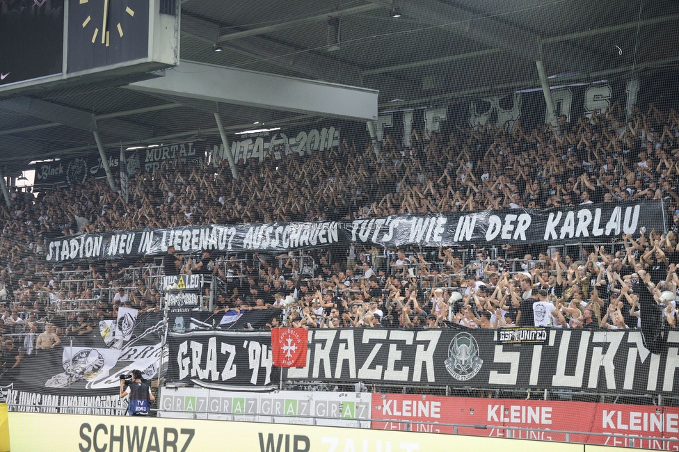 Sturm Graz - Altach
Oesterreichische Fussball Bundesliga, 4 Runde, SK Sturm Graz - SCR Altach, Stadion Liebenau Graz, 24.08.2024. 

Foto zeigt Fans von Sturm mit einem Spruchband
Schlüsselwörter: sturmstadion