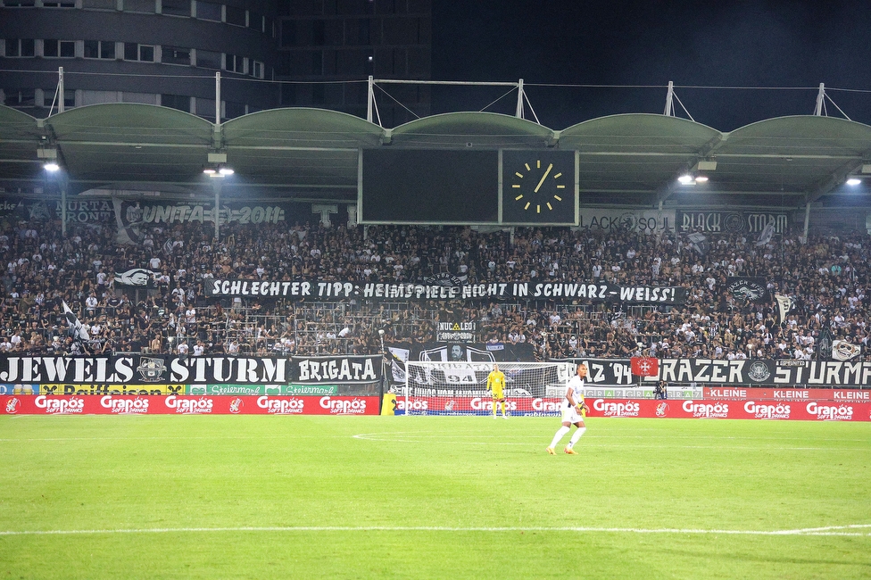 Sturm Graz - Altach
Oesterreichische Fussball Bundesliga, 4 Runde, SK Sturm Graz - SCR Altach, Stadion Liebenau Graz, 24.08.2024. 

Foto zeigt Fans von Sturm mit einem Spruchband
Schlüsselwörter: dressen