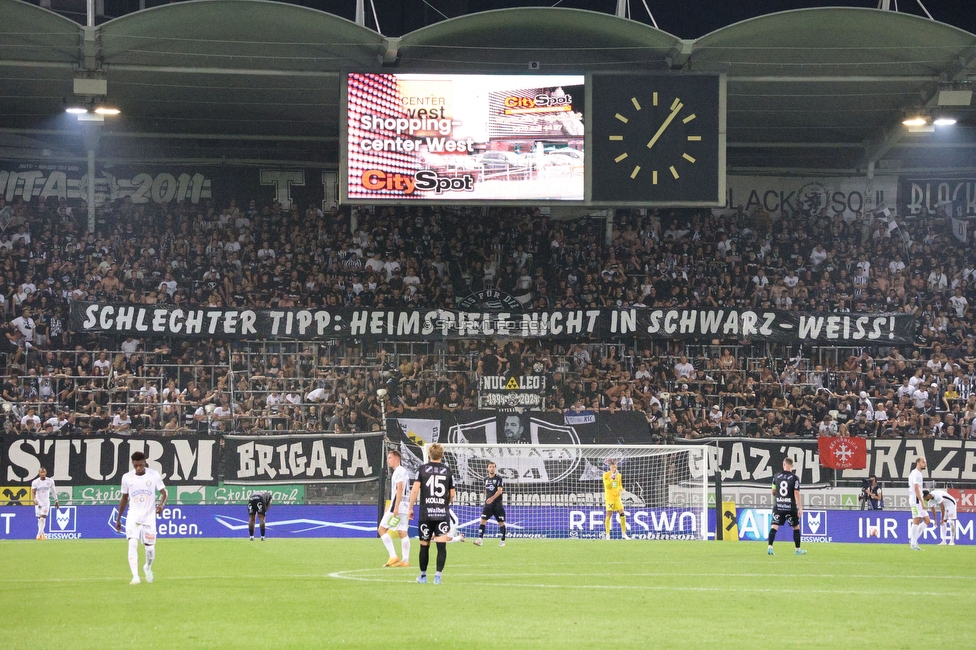 Sturm Graz - Altach
Oesterreichische Fussball Bundesliga, 4 Runde, SK Sturm Graz - SCR Altach, Stadion Liebenau Graz, 24.08.2024. 

Foto zeigt Fans von Sturm mit einem Spruchband
Schlüsselwörter: dressen