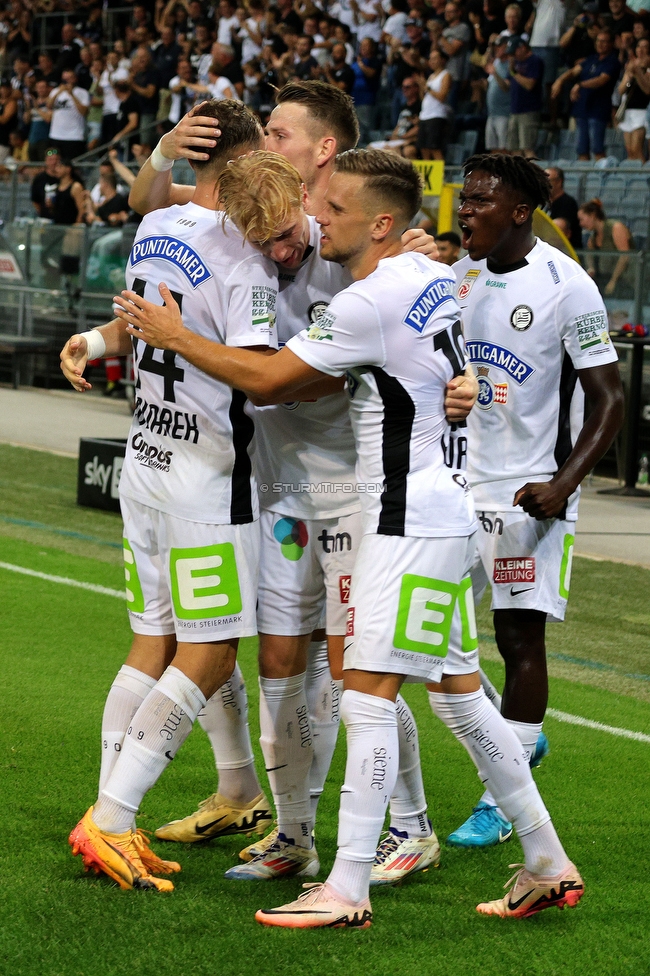 Sturm Graz - Altach
Oesterreichische Fussball Bundesliga, 4 Runde, SK Sturm Graz - SCR Altach, Stadion Liebenau Graz, 24.08.2024. 

Foto zeigt Mika Biereth (Sturm) und Tomi Horvat (Sturm)
Schlüsselwörter: torjubel