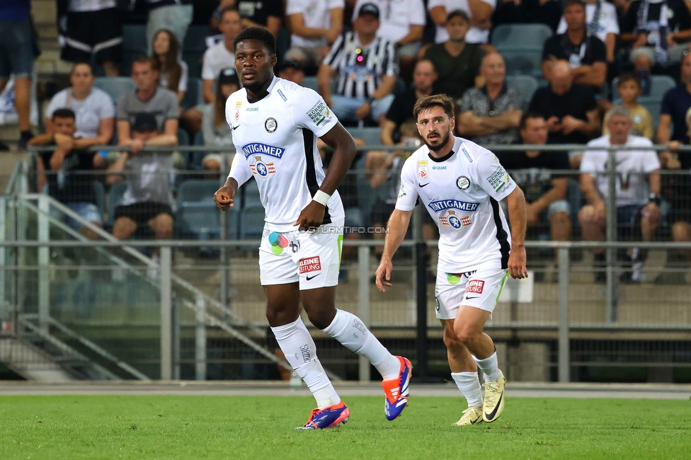 Sturm Graz - Altach
Oesterreichische Fussball Bundesliga, 4 Runde, SK Sturm Graz - SCR Altach, Stadion Liebenau Graz, 24.08.2024. 

Foto zeigt Tochi Phil Chukwuani (Sturm) und Otar Kiteishvili (Sturm)
