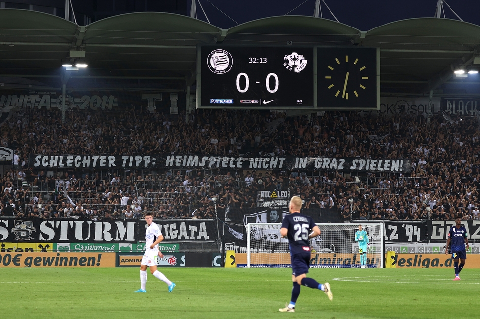 Sturm Graz - Tirol
Oesterreichische Fussball Bundesliga, 5. Runde, SK Sturm Graz - WSG Tirol, Stadion Liebenau Graz, 31.08.2024. 

Foto zeigt Fans von Sturm mit einem Spruchband
