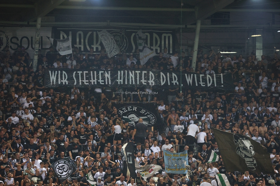 Sturm Graz - Tirol
Oesterreichische Fussball Bundesliga, 5. Runde, SK Sturm Graz - WSG Tirol, Stadion Liebenau Graz, 31.08.2024. 

Foto zeigt Fans von Sturm mit einem Spruchband
