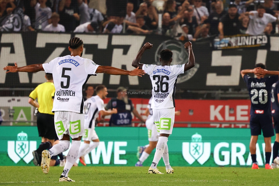 Sturm Graz - Tirol
Oesterreichische Fussball Bundesliga, 5. Runde, SK Sturm Graz - WSG Tirol, Stadion Liebenau Graz, 31.08.2024. 

Foto zeigt Gregory Wuethrich (Sturm) und Amady Camara (Sturm)
