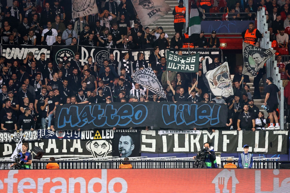 Stade Brestois - Sturm Graz
UEFA Champions League Ligaphase 1. Spieltag, Stade Brestois 29 - SK Sturm Graz, Stade de Roudourou Guingamp, 19.09.2024. 

Foto zeigt Fans von Sturm mit einem Spruchband
Schlüsselwörter: pisa