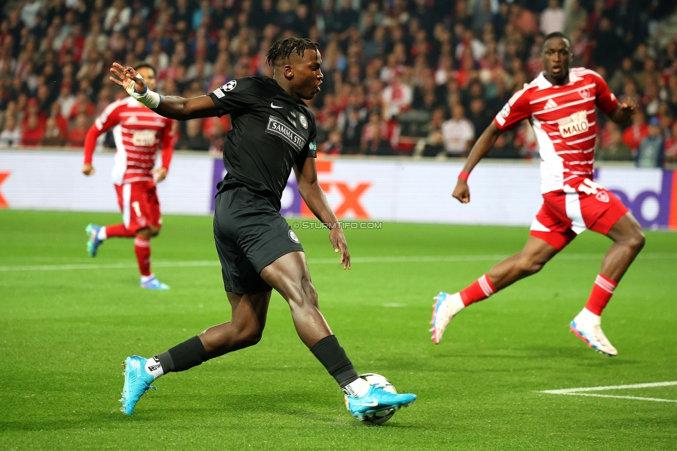 Stade Brestois - Sturm Graz
UEFA Champions League Ligaphase 1. Spieltag, Stade Brestois 29 - SK Sturm Graz, Stade de Roudourou Guingamp, 19.09.2024. 

Foto zeigt Seedy Jatta (Sturm)
