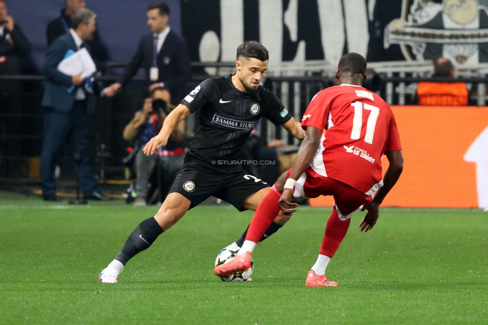 Stade Brestois - Sturm Graz
UEFA Champions League Ligaphase 1. Spieltag, Stade Brestois 29 - SK Sturm Graz, Stade de Roudourou Guingamp, 19.09.2024. 

Foto zeigt Jusuf Gazibegovic (Sturm)
