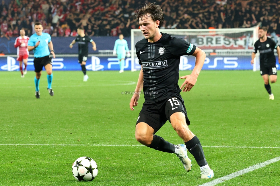 Stade Brestois - Sturm Graz
UEFA Champions League Ligaphase 1. Spieltag, Stade Brestois 29 - SK Sturm Graz, Stade de Roudourou Guingamp, 19.09.2024. 

Foto zeigt William Boeving (Sturm)
