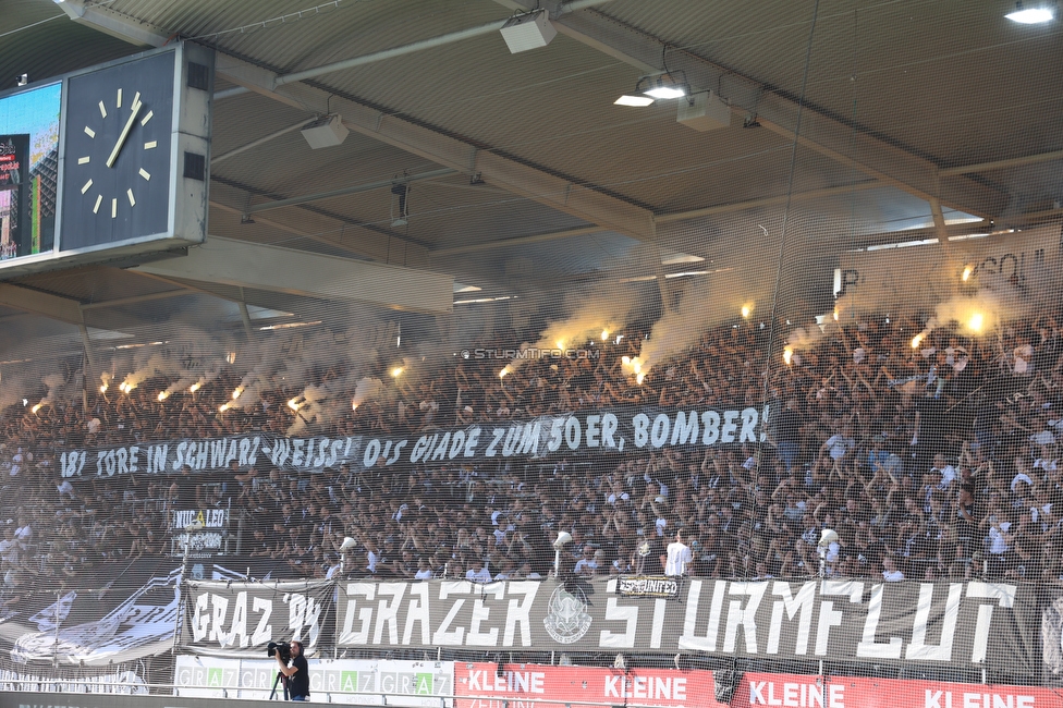 Sturm Graz - WAC
Oesterreichische Fussball Bundesliga, 6. Runde, SK Sturm Graz - Wolfsberger AC, Stadion Liebenau Graz, 22.09.2024. 

Foto zeigt Fans von Sturm mit einer Choreografie fuer Mario Haas (ehem. Spieler Sturm)
Schlüsselwörter: pyrotechnik