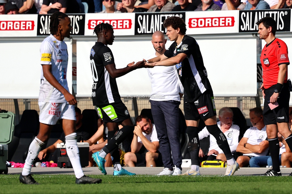 Sturm Graz - Wolfsberg
Oesterreichische Fussball Bundesliga, 7. Runde, SK Sturm Graz - Wolfsberger AC, Stadion Liebenau Graz, 22.09.2024. 

Foto zeigt Seedy Jatta (Sturm) und Erencan Yardimci (Sturm)
