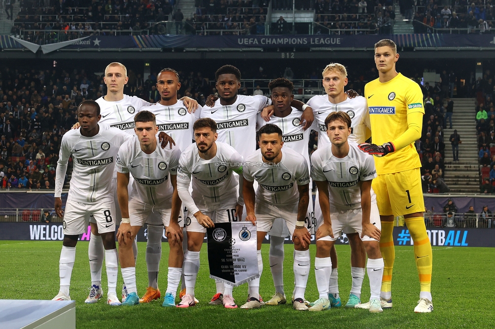 Sturm Graz - Club Brugge
UEFA Champions League Ligaphase 2. Spieltag, SK Sturm Graz - Club Brugge, Woerthersee Stadion Klagenfurt, 02.10.2024. 

Foto zeigt die Mannschaft von Sturm
