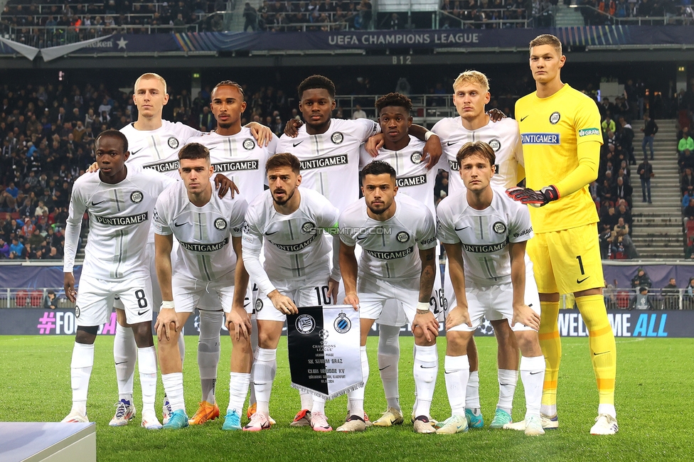 Sturm Graz - Club Brugge
UEFA Champions League Ligaphase 2. Spieltag, SK Sturm Graz - Club Brugge, Woerthersee Stadion Klagenfurt, 02.10.2024. 

Foto zeigt die Mannschaft von Sturm
