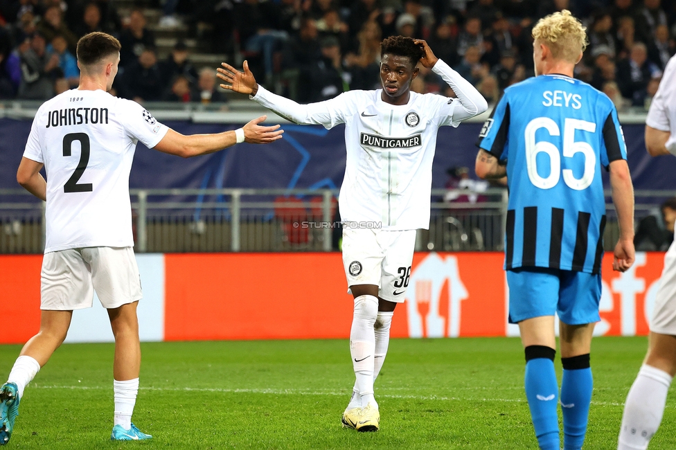 Sturm Graz - Club Brugge
UEFA Champions League Ligaphase 2. Spieltag, SK Sturm Graz - Club Brugge, Woerthersee Stadion Klagenfurt, 02.10.2024. 

Foto zeigt Max Johnston (Sturm) und Tochi Phil Chukwuani (Sturm)
