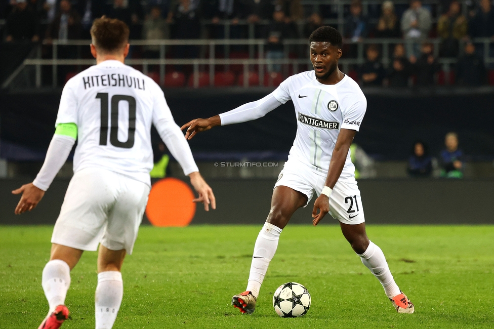 Sturm Graz - Club Brugge
UEFA Champions League Ligaphase 2. Spieltag, SK Sturm Graz - Club Brugge, Woerthersee Stadion Klagenfurt, 02.10.2024. 

Foto zeigt Tochi Phil Chukwuani (Sturm)
