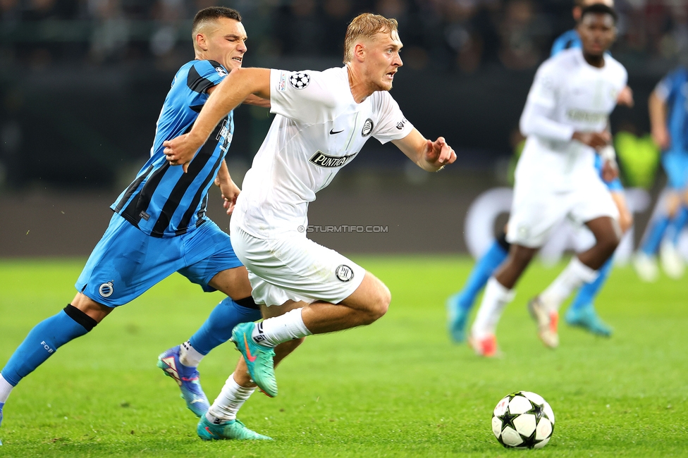 Sturm Graz - Club Brugge
UEFA Champions League Ligaphase 2. Spieltag, SK Sturm Graz - Club Brugge, Woerthersee Stadion Klagenfurt, 02.10.2024. 

Foto zeigt Niklas Geyrhofer (Sturm)
