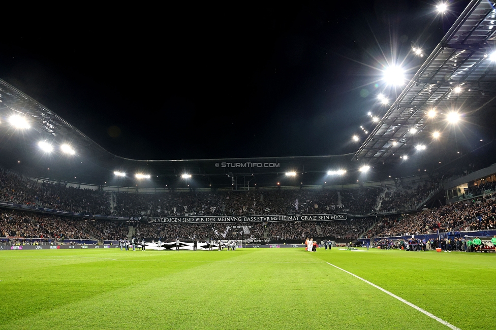 Sturm Graz - Sporting Lissabon
UEFA Champions League Ligaphase 3. Spieltag, SK Sturm Graz - Sporting Lissabon, Woerthersee Stadion Klagenfurt, 22.10.2024. 

Foto zeigt Fans von Sturm mit einem Spruchband
Schlüsselwörter: sturmstadion