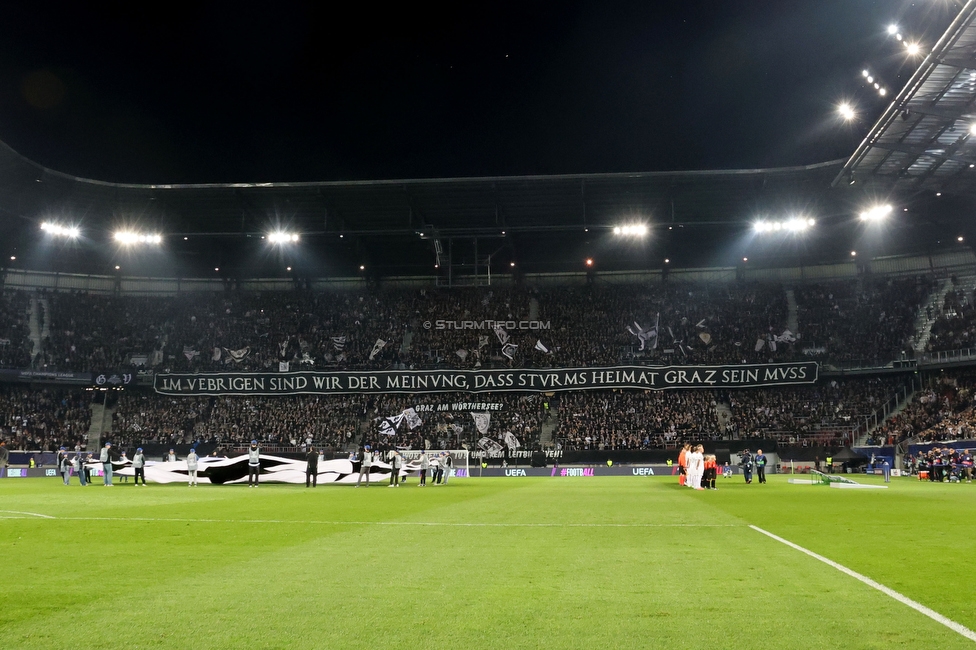 Sturm Graz - Sporting Lissabon
UEFA Champions League Ligaphase 3. Spieltag, SK Sturm Graz - Sporting Lissabon, Woerthersee Stadion Klagenfurt, 22.10.2024. 

Foto zeigt Fans von Sturm mit einem Spruchband
Schlüsselwörter: sturmstadion