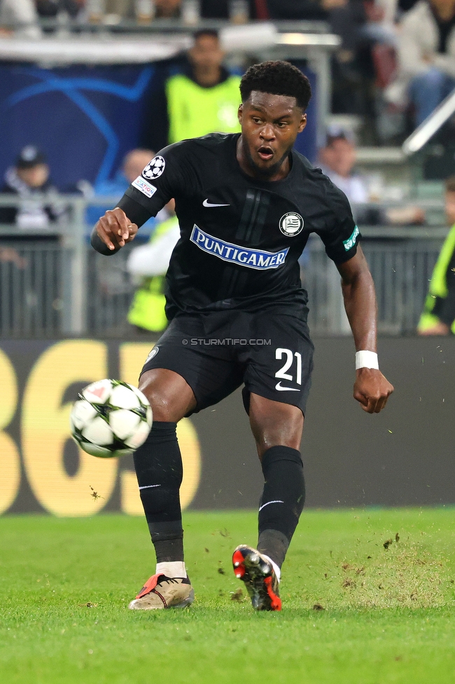 Sturm Graz - Sporting Lissabon
UEFA Champions League Ligaphase 3. Spieltag, SK Sturm Graz - Sporting Lissabon, Woerthersee Stadion Klagenfurt, 22.10.2024. 

Foto zeigt Tochi Phil Chukwuani (Sturm)
