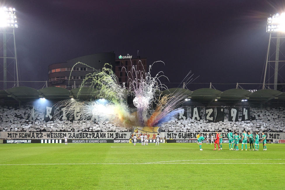 Sturm Graz - Rapid Wien
Oesterreichische Fussball Bundesliga, 12. Runde, SK Sturm Graz - SK Rapid Wien, Stadion Liebenau Graz, 02.11.2024. 

Foto zeigt Fans von Sturm mit einer Choreografie
Schlüsselwörter: brigata