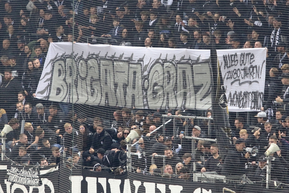 Sturm Graz - Rapid Wien
Oesterreichische Fussball Bundesliga, 12. Runde, SK Sturm Graz - SK Rapid Wien, Stadion Liebenau Graz, 02.11.2024. 

Foto zeigt Fans von Sturm mit einem Spruchband
Schlüsselwörter: bastion