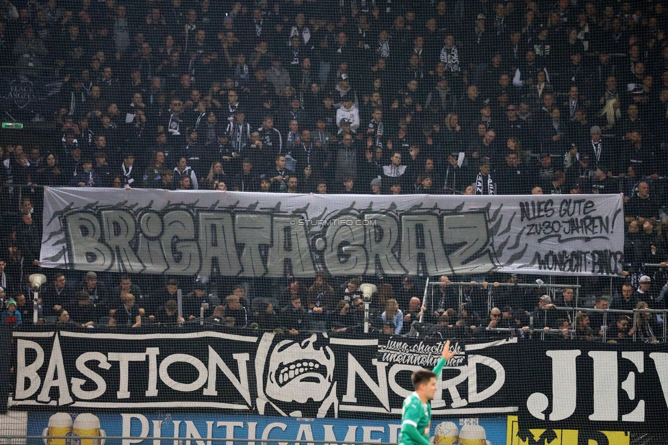 Sturm Graz - Rapid Wien
Oesterreichische Fussball Bundesliga, 12. Runde, SK Sturm Graz - SK Rapid Wien, Stadion Liebenau Graz, 02.11.2024. 

Foto zeigt Fans von Sturm mit einem Spruchband
Schlüsselwörter: bastion