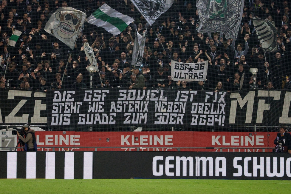 Sturm Graz - Rapid Wien
Oesterreichische Fussball Bundesliga, 12. Runde, SK Sturm Graz - SK Rapid Wien, Stadion Liebenau Graz, 02.11.2024. 

Foto zeigt Fans von Sturm mit einem Spruchband
Schlüsselwörter: sturmflut