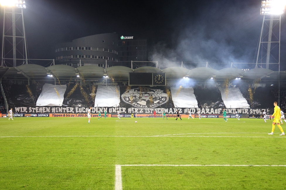 Sturm Graz - Rapid Wien
Oesterreichische Fussball Bundesliga, 12. Runde, SK Sturm Graz - SK Rapid Wien, Stadion Liebenau Graz, 02.11.2024. 

Foto zeigt Fans von Sturm mit einer Choreografie
Schlüsselwörter: brigata pyrotechnik