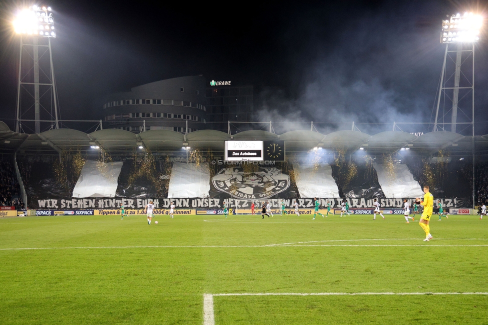 Sturm Graz - Rapid Wien
Oesterreichische Fussball Bundesliga, 12. Runde, SK Sturm Graz - SK Rapid Wien, Stadion Liebenau Graz, 02.11.2024. 

Foto zeigt Fans von Sturm mit einer Choreografie
Schlüsselwörter: brigata pyrotechnik