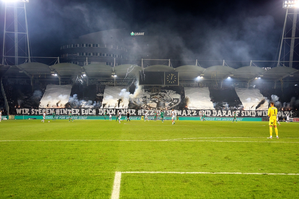 Sturm Graz - Rapid Wien
Oesterreichische Fussball Bundesliga, 12. Runde, SK Sturm Graz - SK Rapid Wien, Stadion Liebenau Graz, 02.11.2024. 

Foto zeigt Fans von Sturm mit einer Choreografie
Schlüsselwörter: brigata pyrotechnik