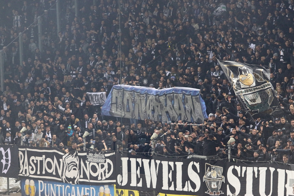 Sturm Graz - Rapid Wien
Oesterreichische Fussball Bundesliga, 12. Runde, SK Sturm Graz - SK Rapid Wien, Stadion Liebenau Graz, 02.11.2024. 

Foto zeigt Fans von Sturm mit einem Spruchband
Schlüsselwörter: bastion baby