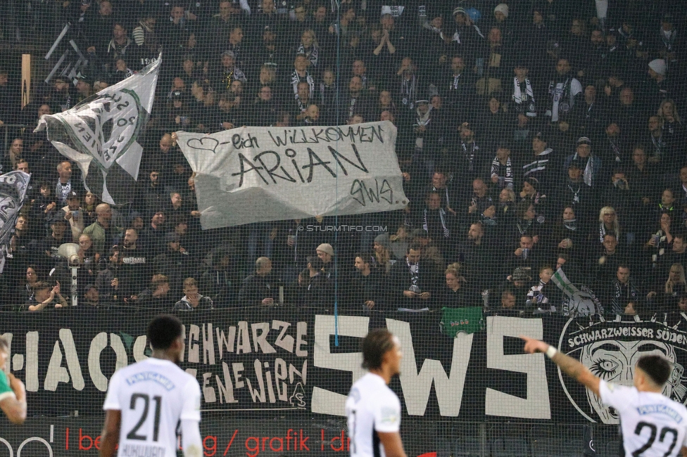 Sturm Graz - Rapid Wien
Oesterreichische Fussball Bundesliga, 12. Runde, SK Sturm Graz - SK Rapid Wien, Stadion Liebenau Graz, 02.11.2024. 

Foto zeigt Fans von Sturm mit einem Spruchband
Schlüsselwörter: baby sws