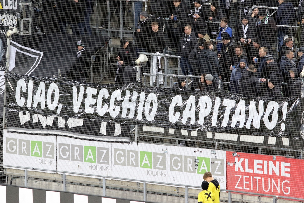 Sturm Graz - Austria Klagenfurt
Oesterreichische Fussball Bundesliga, 14. Runde, SK Sturm Graz - SK Austria Klagenfurt, Stadion Liebenau Graz, 23.11.2024. 

Foto zeigt Fans von Sturm mit einem Spruchband fuer Juergen Saeumel (Cheftrainer Sturm)
