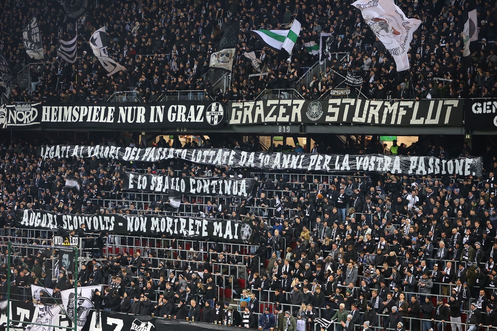 Sturm Graz - Girona
UEFA Champions League Ligaphase 5. Spieltag, SK Sturm Graz - Girona FC, Woerthersee Stadion Klagenfurt, 27.11.2024. 

Foto zeigt Fans von Sturm mit einem Spruchband
Schlüsselwörter: pisa