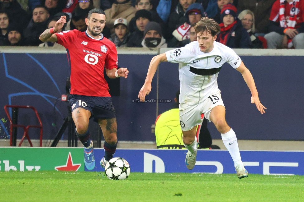 Lille - Sturm Graz
UEFA Champions League Ligaphase 6. Spieltag, Lille OSC - SK Sturm Graz, Stade Pierre Mauroy Lille, 11.12.2024. 

Foto zeigt William Boeving (Sturm)
