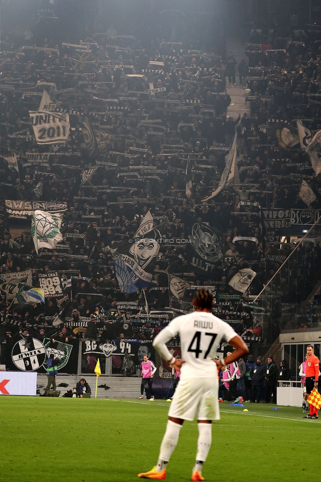 Atalanta - Sturm Graz
UEFA Champions League Ligaphase 7. Spieltag, Atalanta Bergamo Calcio - SK Sturm Graz, Stadio di Bergamo, 21.01.2025. 

Foto zeigt Fans von Sturm
Schlüsselwörter: schals