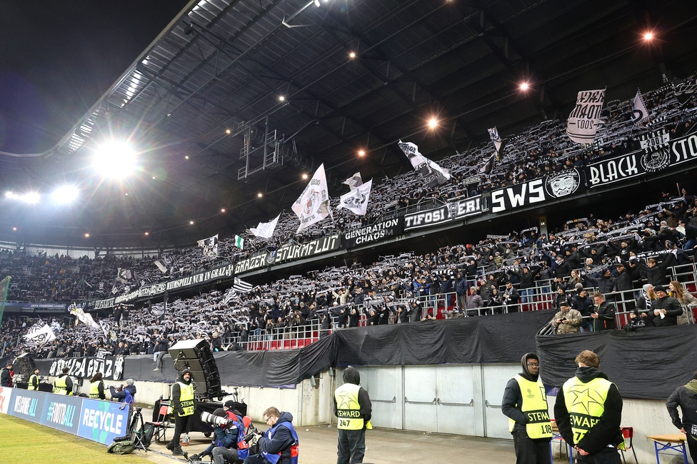 Sturm Graz - Leipzig
UEFA Champions League Ligaphase 8. Spieltag, SK Sturm Graz - RB Leipzig, Woerthersee Stadion Klagenfurt, 29.01.2025. 

Foto zeigt Fans von Sturm
