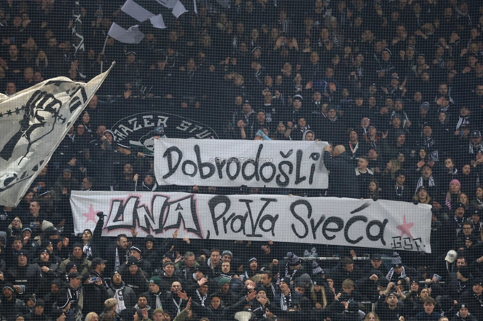 Sturm Graz - Austria Wien
OEFB Cup, Viertelfinale, SK Sturm Graz - FK Austria Wien, Stadion Liebenau Graz, 01.02.2025. 

Foto zeigt Fans von Sturm mit einem Spruchband
Schlüsselwörter: sturmflut