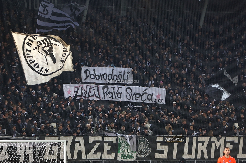 Sturm Graz - Austria Wien
OEFB Cup, Viertelfinale, SK Sturm Graz - FK Austria Wien, Stadion Liebenau Graz, 01.02.2025. 

Foto zeigt Fans von Sturm mit einem Spruchband
Schlüsselwörter: sturmflut