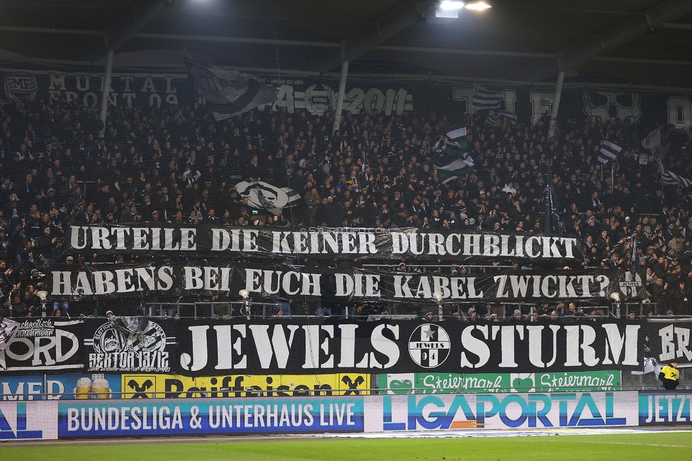 Sturm Graz - Austria Wien
Oesterreichische Fussball Bundesliga, 17. Runde, SK Sturm Graz - FK Austria Wien, Stadion Liebenau Graz, 07.02.2025. 

Foto zeigt Fans von Sturm mit einem Spruchband
