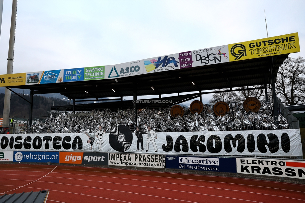 Wolfsberg - Sturm Graz
Oesterreichische Fussball Bundesliga, 18. Runde, Wolfsberger AC - SK Sturm Graz, Lavanttal Arena Wolfsberg, 15.02.2025. 

Foto zeigt Fans von Sturm mit einer Choreografie
Schlüsselwörter: sturmflut