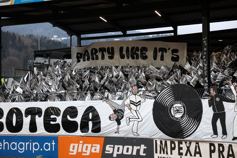 Wolfsberg - Sturm Graz
Oesterreichische Fussball Bundesliga, 18. Runde, Wolfsberger AC - SK Sturm Graz, Lavanttal Arena Wolfsberg, 15.02.2025. 

Foto zeigt Fans von Sturm mit einer Choreografie
Schlüsselwörter: sturmflut