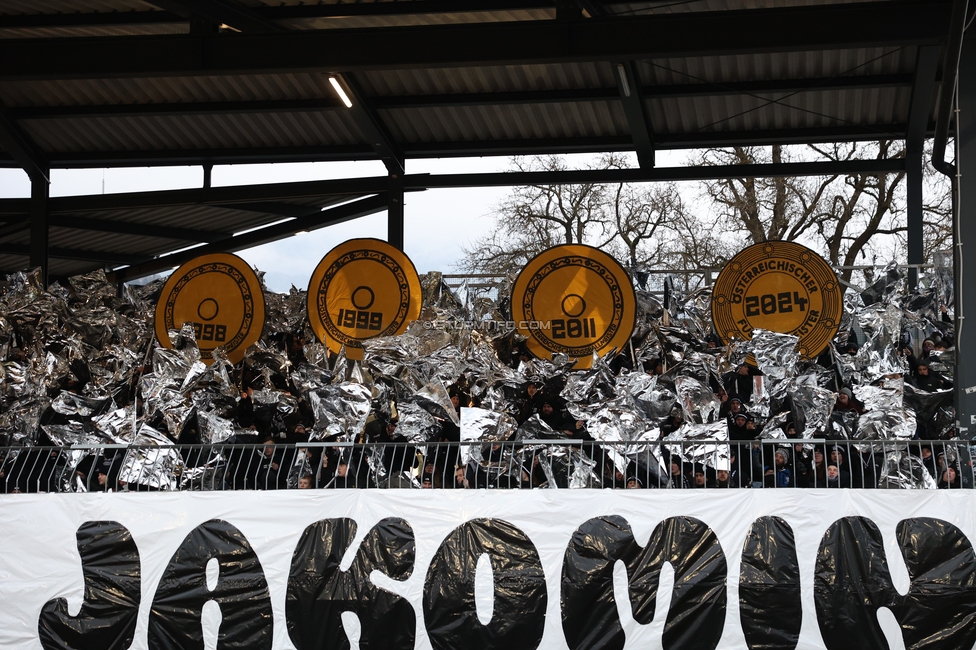 Wolfsberg - Sturm Graz
Oesterreichische Fussball Bundesliga, 18. Runde, Wolfsberger AC - SK Sturm Graz, Lavanttal Arena Wolfsberg, 15.02.2025. 

Foto zeigt Fans von Sturm mit einer Choreografie
