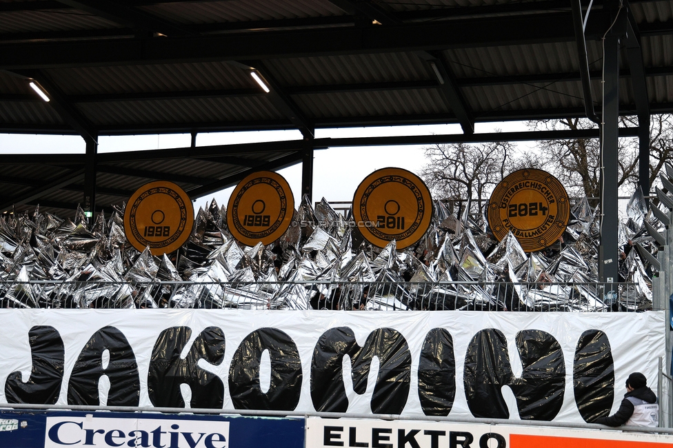 Wolfsberg - Sturm Graz
Oesterreichische Fussball Bundesliga, 18. Runde, Wolfsberger AC - SK Sturm Graz, Lavanttal Arena Wolfsberg, 15.02.2025. 

Foto zeigt Fans von Sturm mit einer Choreografie
Schlüsselwörter: sturmflut